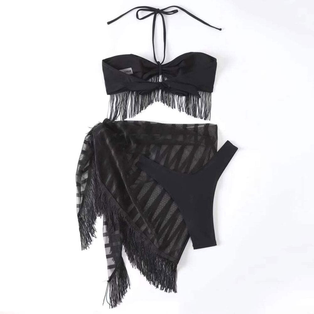 Mesh Fringed High Cut Halter Three Piece Swimsuit - On sale