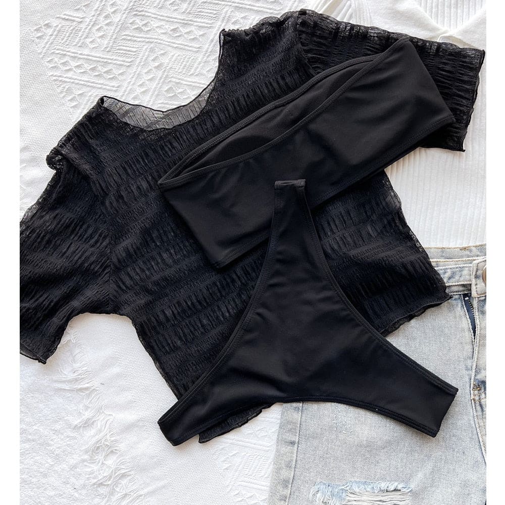 Mesh High Leg Ruched Bandeau Bikini Swimsuits - On sale