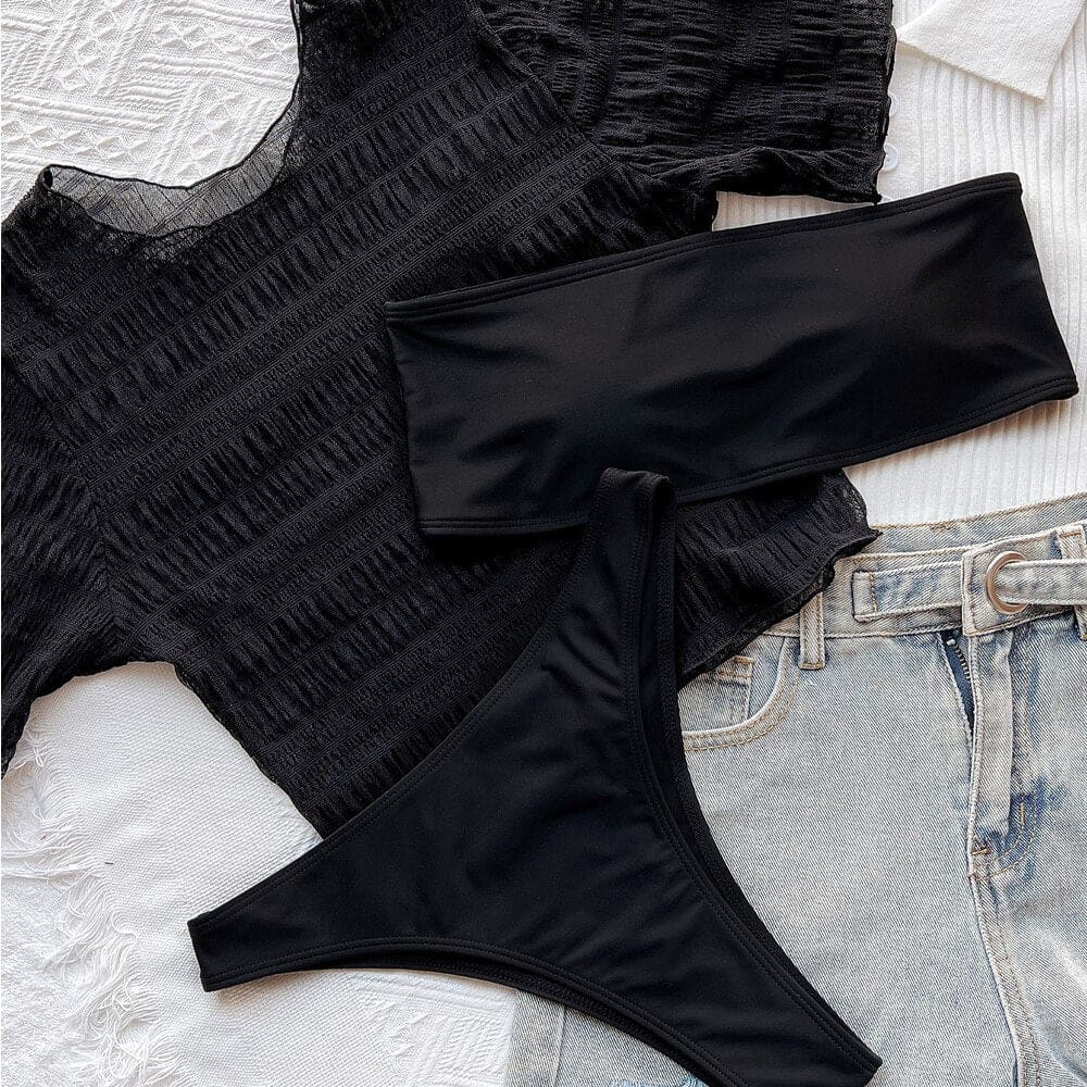 Mesh High Leg Ruched Bandeau Bikini Swimsuits - On sale