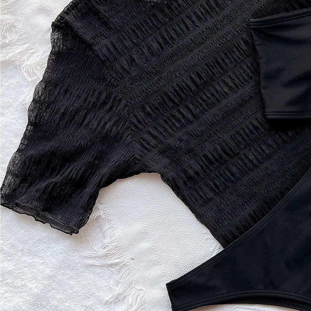 Mesh High Leg Ruched Bandeau Bikini Swimsuits - On sale