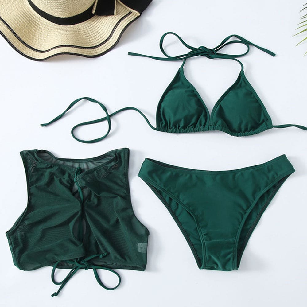 Mesh Lace Up Cover Triangle Three Piece Swimsuit - On sale