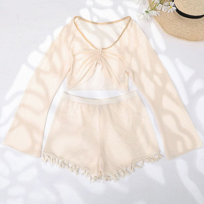 Mesh Long Sleeve Boyshort Two Piece Cover Up Set - On sale