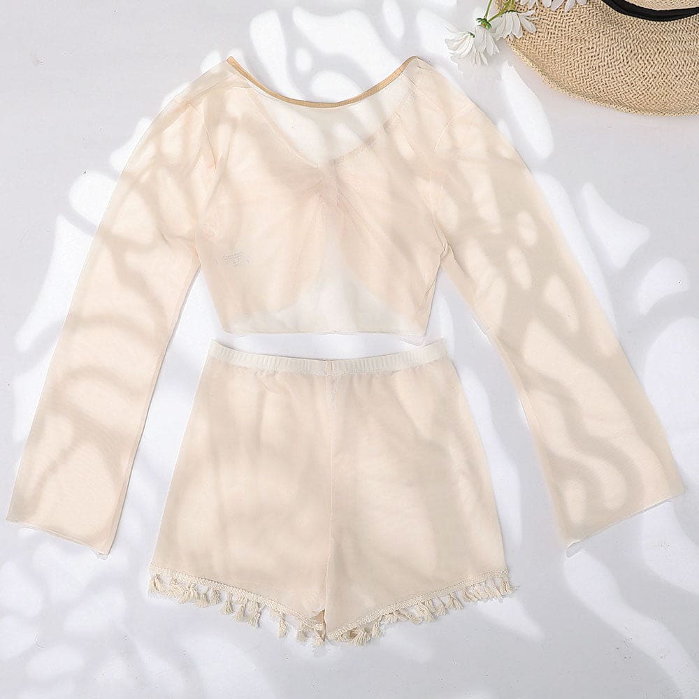 Mesh Long Sleeve Boyshort Two Piece Cover Up Set - On sale
