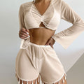 Mesh Long Sleeve Boyshort Two Piece Cover Up Set - Beige / S On sale