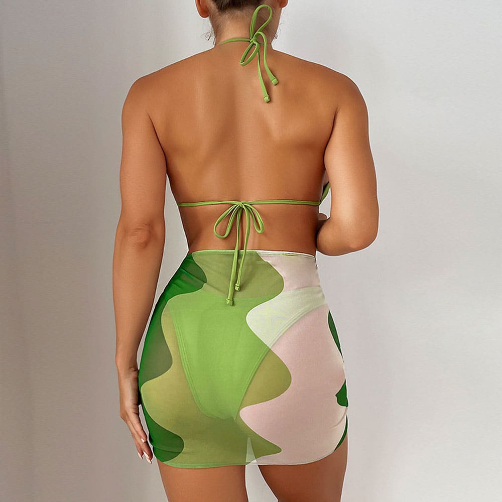 Mesh Sarong High Cut Triangle Three Piece Swimsuit - On sale