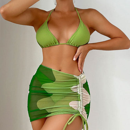 Mesh Sarong High Cut Triangle Three Piece Swimsuit - Green / S On sale