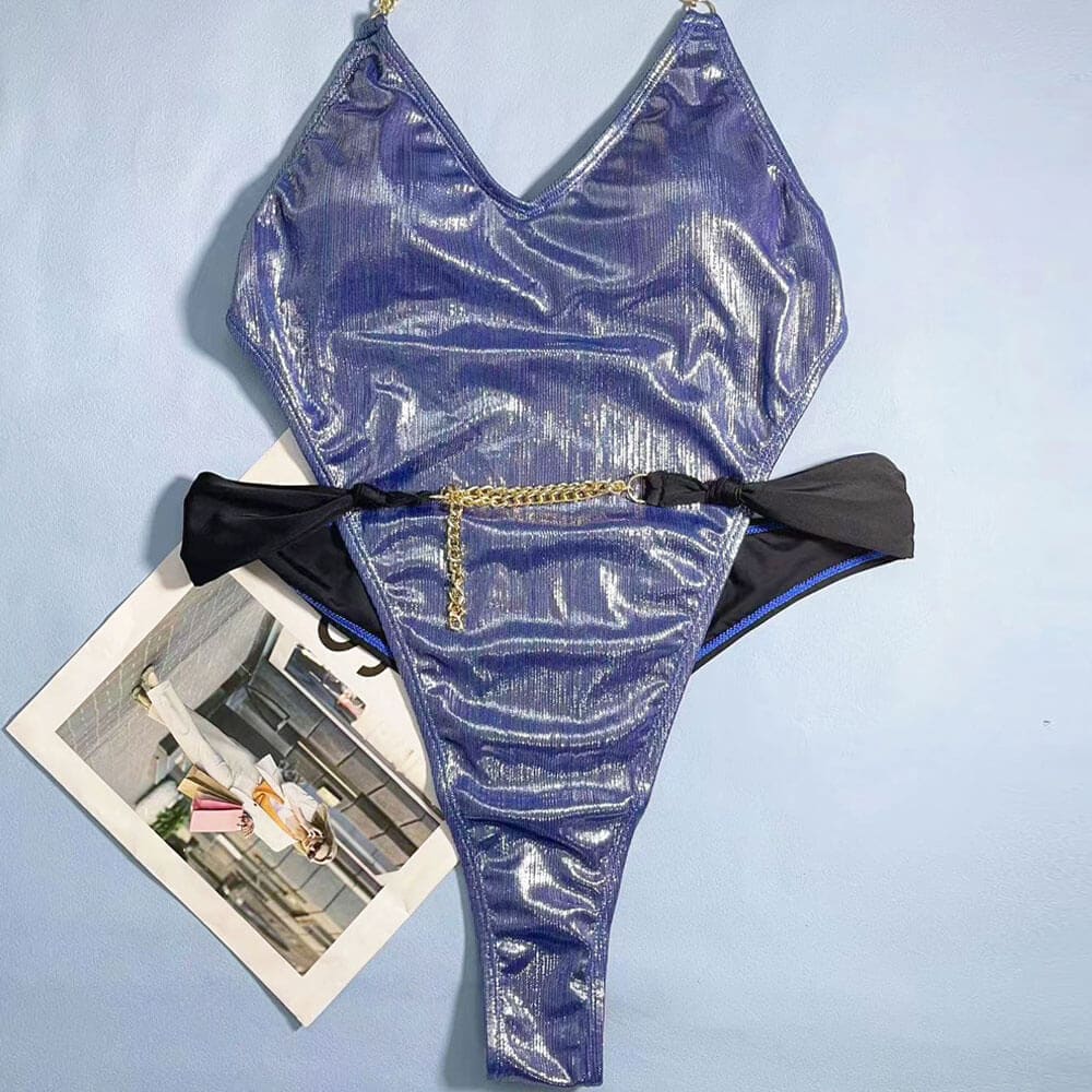 Metallic Chain Low Back Thong One Piece Swimsuit - On sale