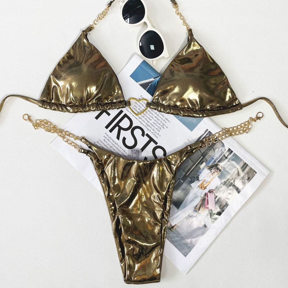 Metallic Chain Triangle Brazilian Bikini Swimsuit - On sale