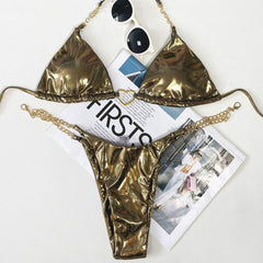 Metallic Chain Triangle Brazilian Bikini Swimsuit - Sunnybikinis