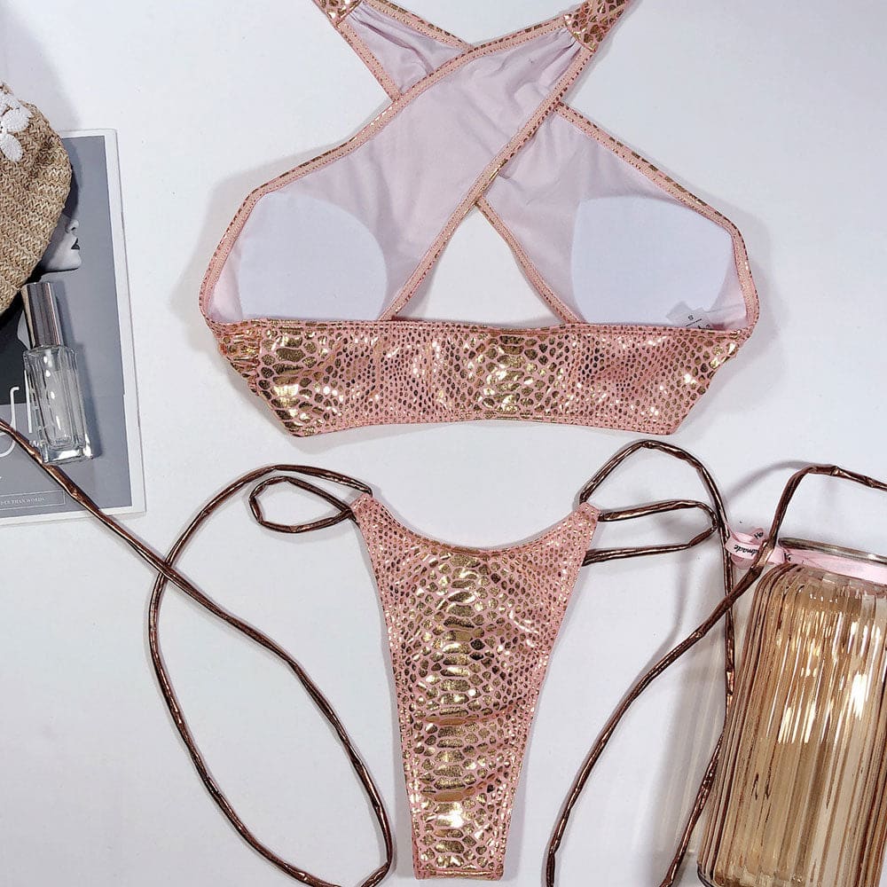 Metallic Cross Wrap Halter Tie String Sunnybikinis Swimsuit - On sale