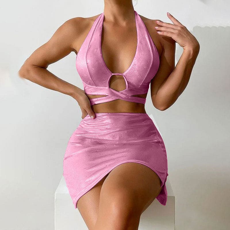 Metallic Cutout Halter Brazilian Three Piece Swimsuit - Pink / S On sale