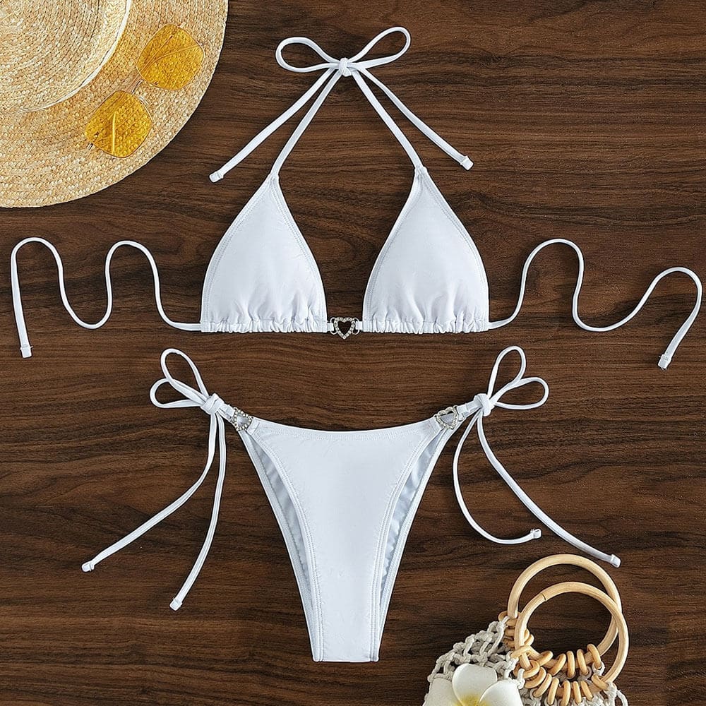 Metallic Heart String Triangle Brazilian Bikini Swimsuit - On sale