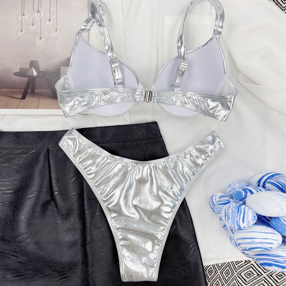 Metallic High Cut Underwire Brazilian Bikini Swimsuit - On sale