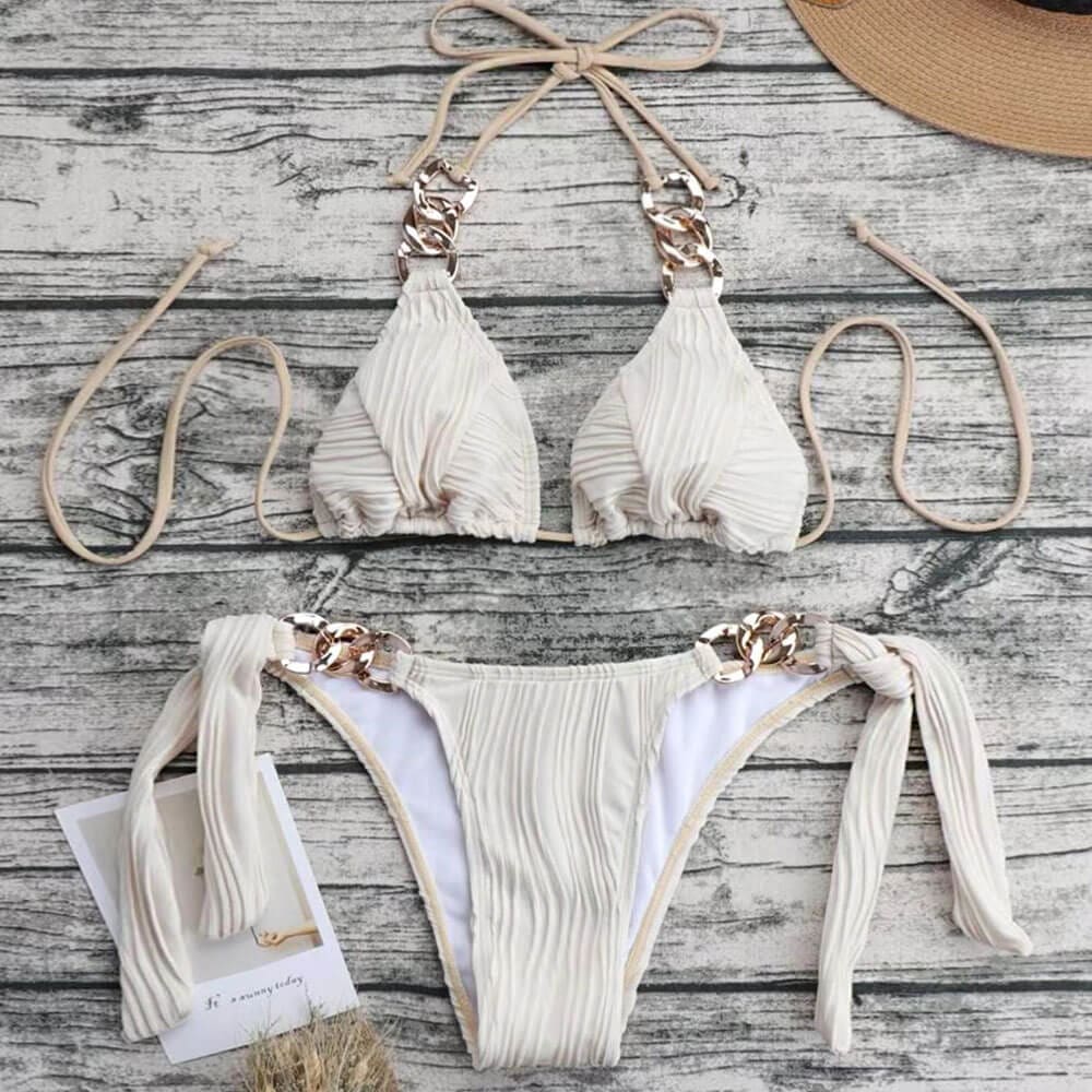 Metallic Ribbed Halter Triangle Brazilian Bikini Swimsuit - On sale