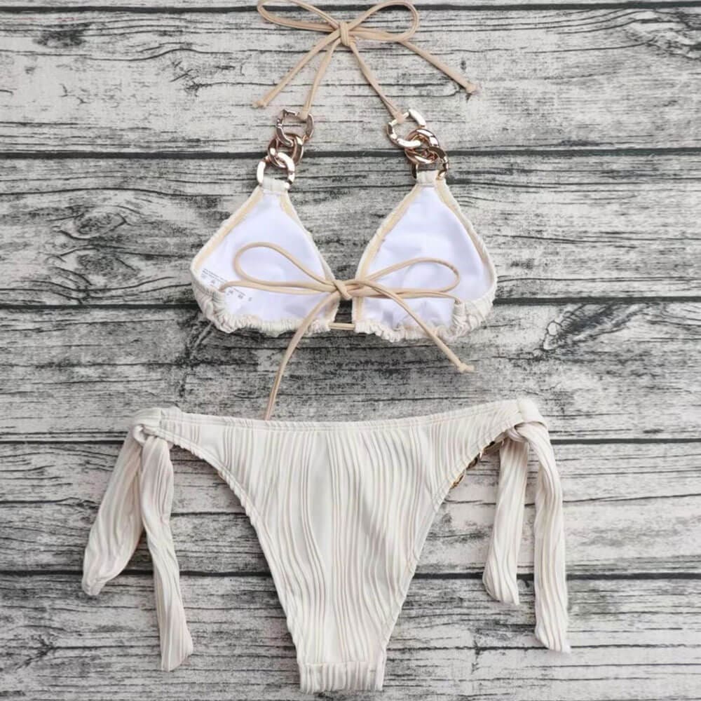 Metallic Ribbed Halter Triangle Brazilian Bikini Swimsuit - On sale