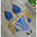 Blue triangle bikini with gold edges, high-waist bottoms with multicolor patterned panel
