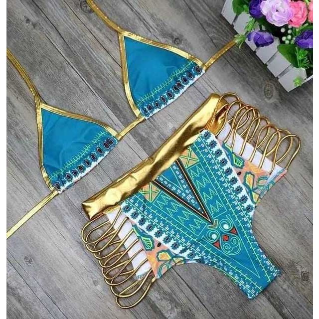 Metallic Sliding Triangle High Waisted Strappy Bikini Swimsuit - 2378 NO 2 / S On sale