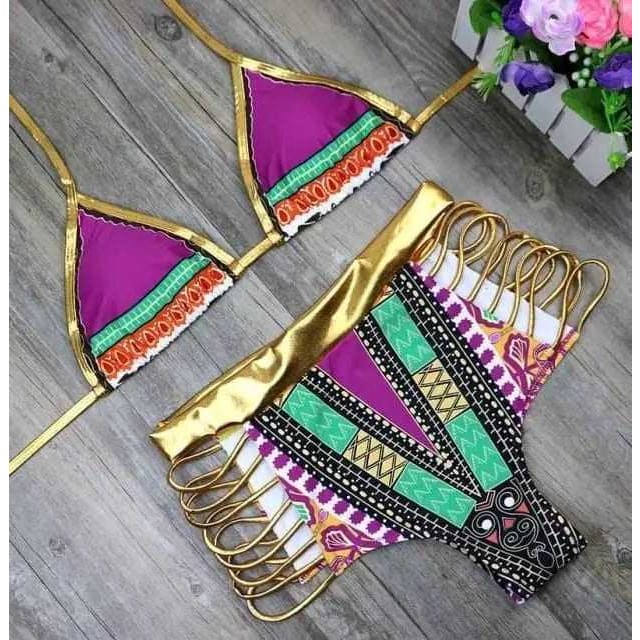 Metallic Sliding Triangle High Waisted Strappy Bikini Swimsuit - 2378 NO 3 / S On sale