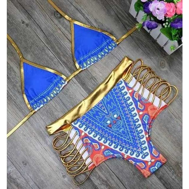Metallic Sliding Triangle High Waisted Strappy Bikini Swimsuit - 2378 NO 4 / S On sale