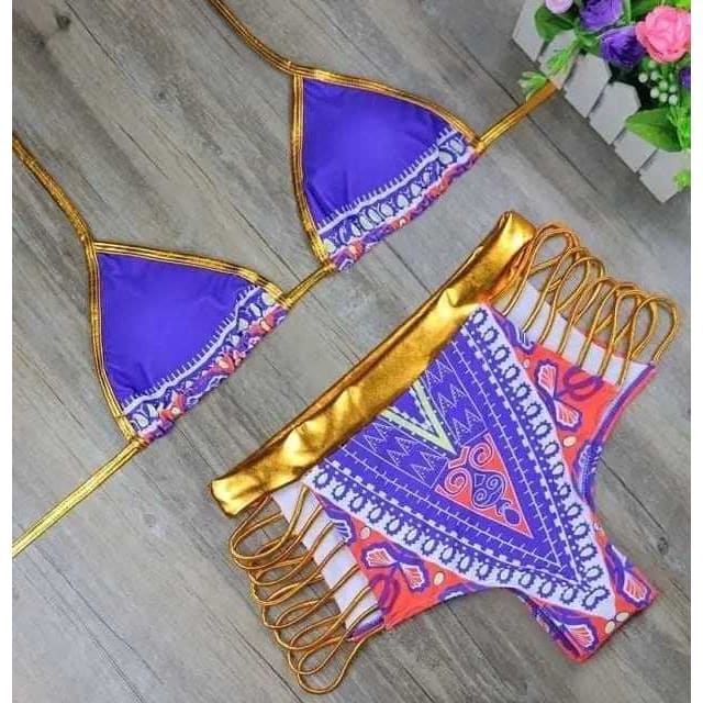 Metallic Sliding Triangle High Waisted Strappy Bikini Swimsuit - 2378 NO6 / S On sale
