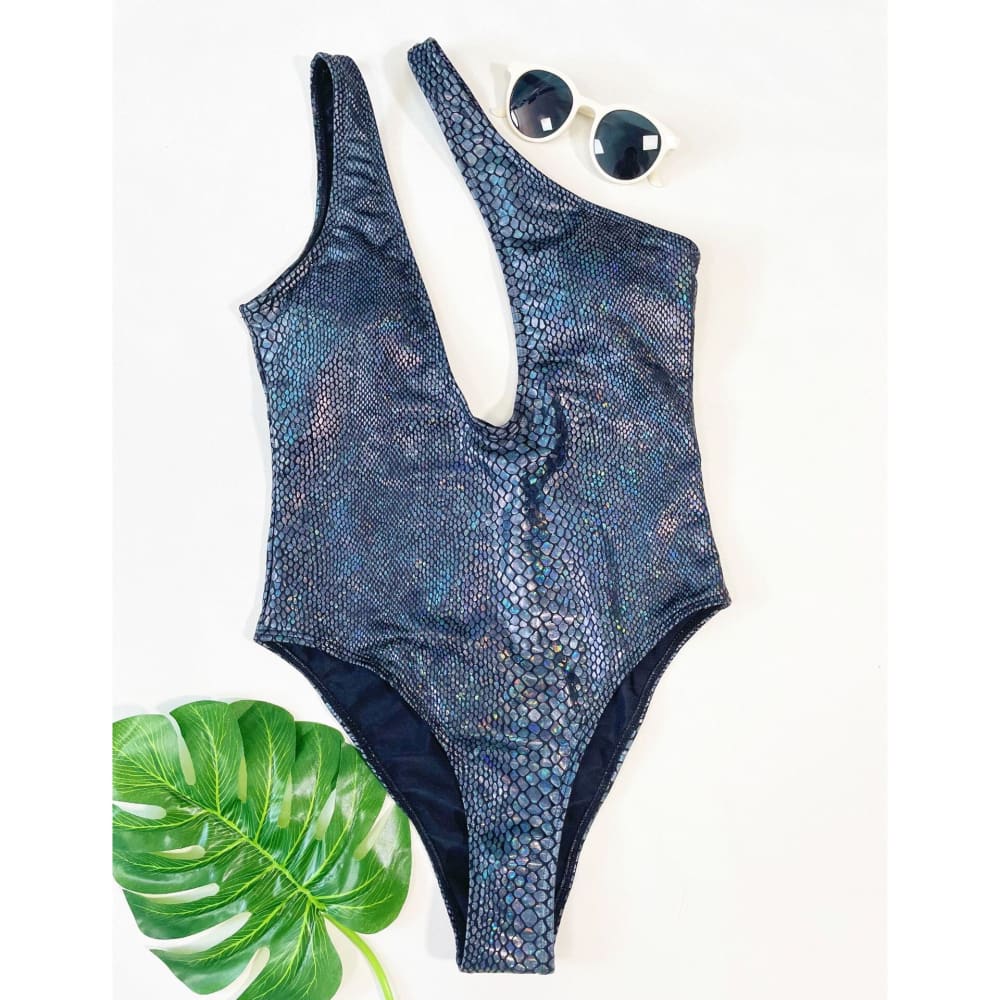 Metallic Snake Cutout One Shoulder Piece Swimsuit - dark blue / S On sale