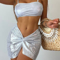 Metallic Twisted Sarong Three Piece Bikini Swimsuits - Silver / S On sale