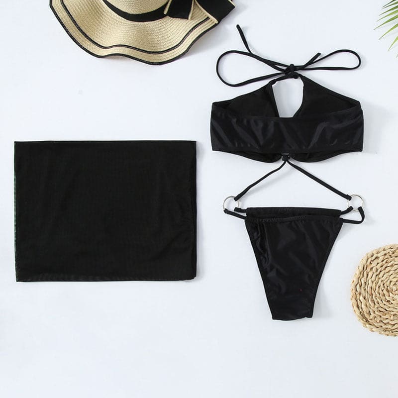 Hollow out contrast o ring crop top one piece swimwear with cover up