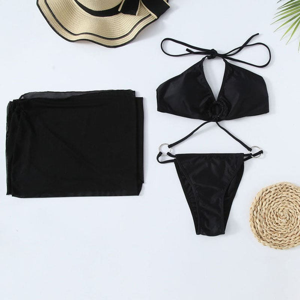 White Cross Halter Cut Out O-Ring Belt One Piece Swimsuit