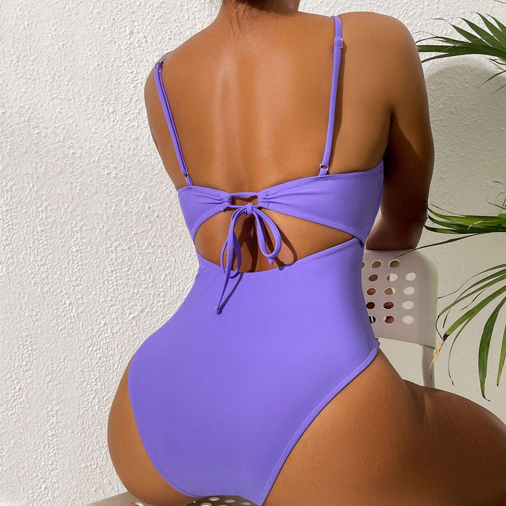 Minimalist Notch Cut Out Tie Back One Piece Swimsuit - On sale