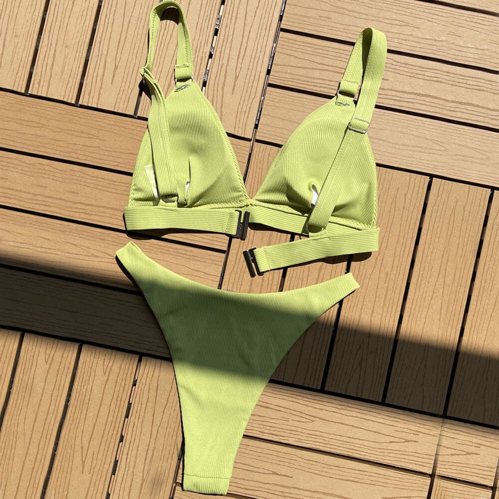 Minimalist Ribbed O Ring Triangle Bikini Swimsuit - On sale