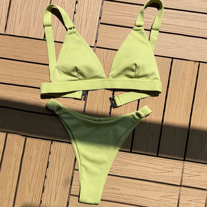 Minimalist Ribbed O Ring Triangle Bikini Swimsuit - On sale