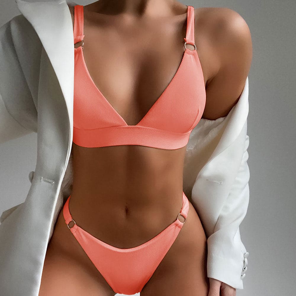 Minimalist Ribbed O Ring Triangle Bikini Swimsuit - Coral Pink / S On sale