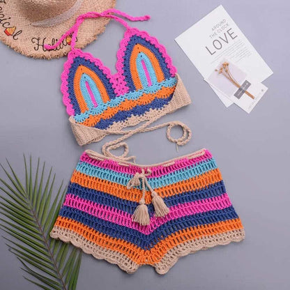 Multi Color Knitted Rainbow Striped Off Shoulder Crochet Bikini - On sale