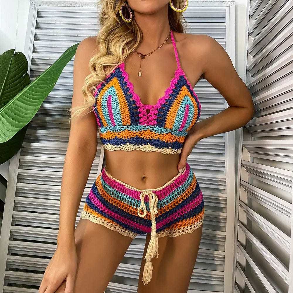Multi Color Knitted Rainbow Striped Off Shoulder Crochet Bikini - On sale