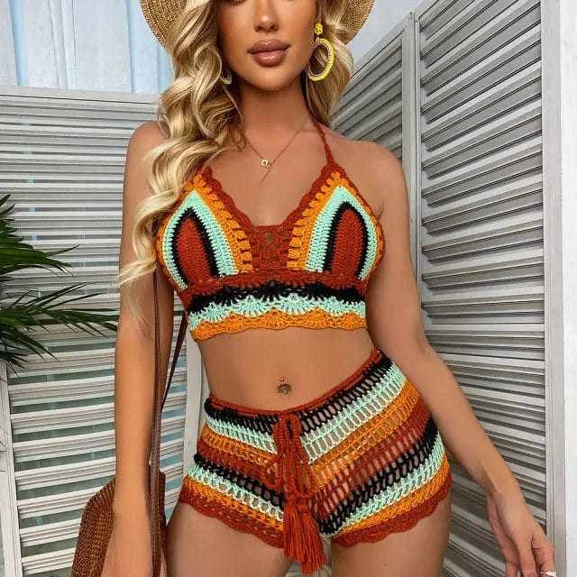 Multi Color Knitted Rainbow Striped Off Shoulder Crochet Bikini - Rusty Red / S On sale
