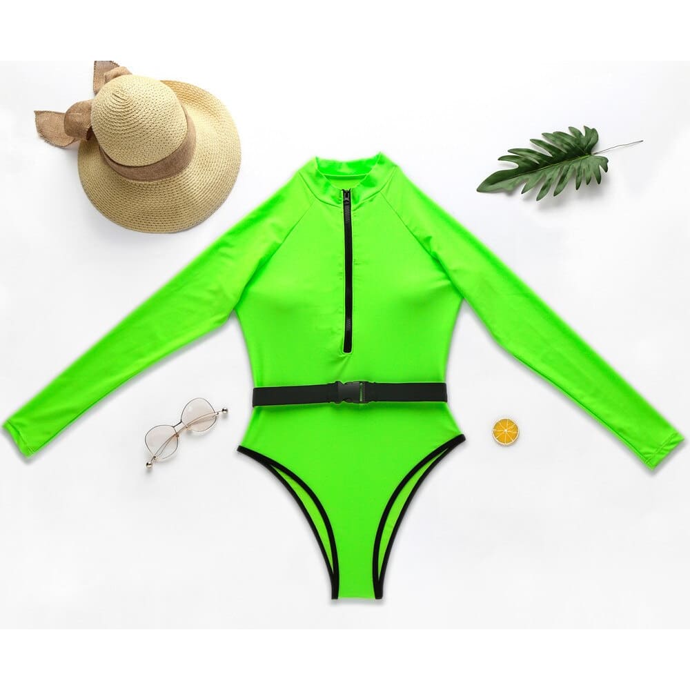 Neon Long Sleeve Zipper Front One Piece Swimsuits - On sale