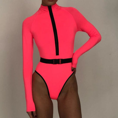 Neon Long Sleeve Zipper Front One Piece Swimsuits - On sale