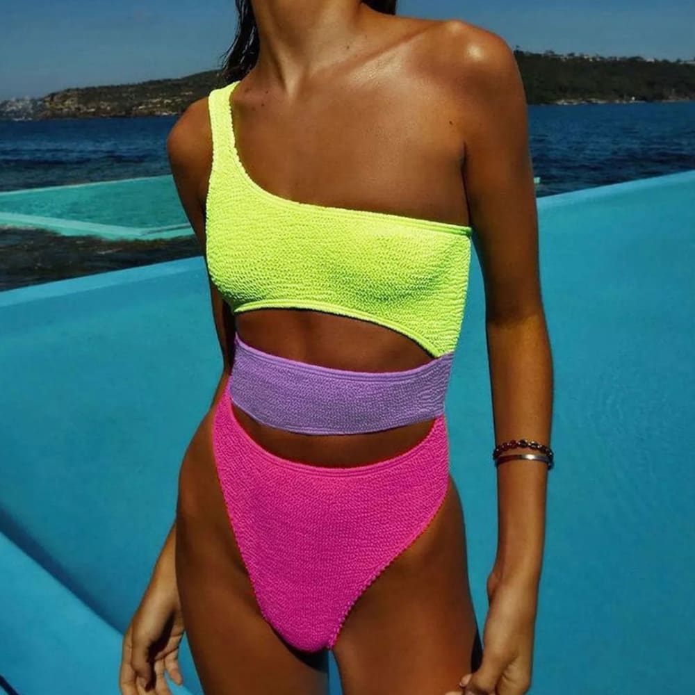 Neon One Shoulder Cutout Shirred Monokini - Yellow / S On sale