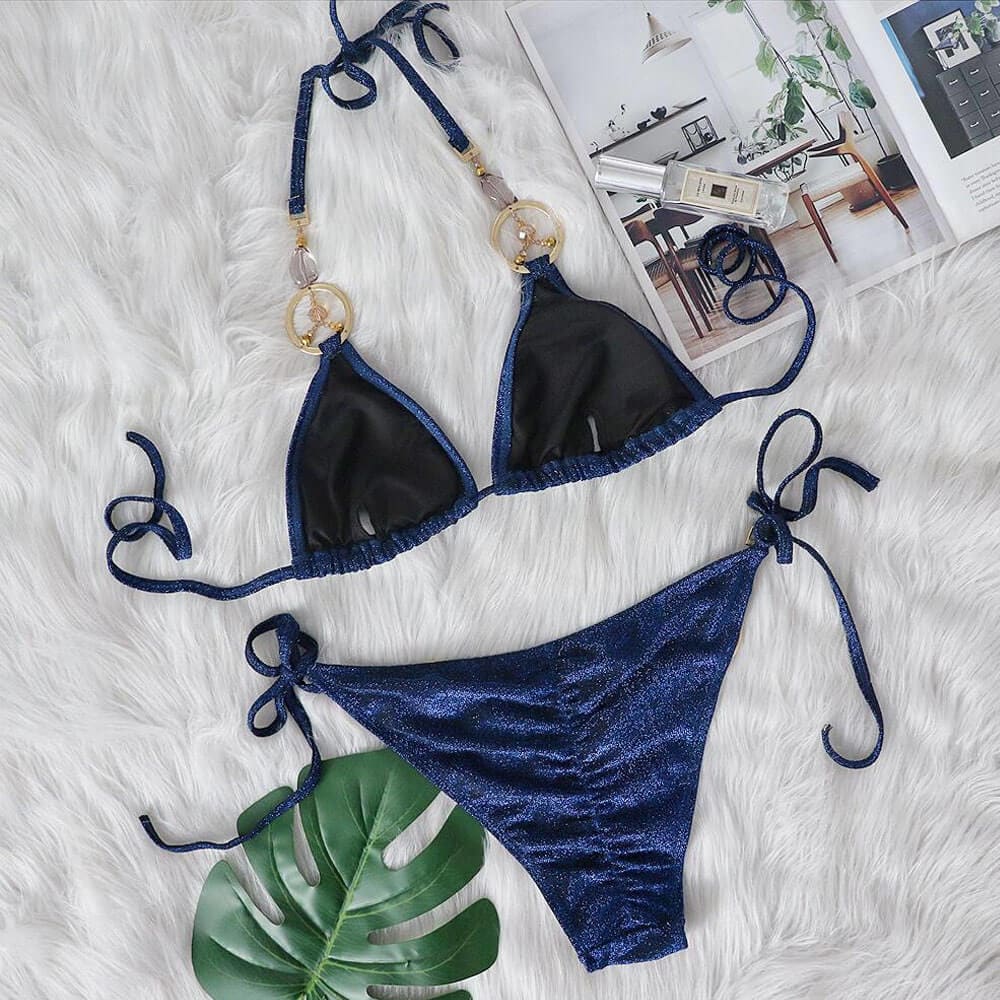 O Ring Textured Tie String Triangle Brazilian Bikini Swimsuit - On sale