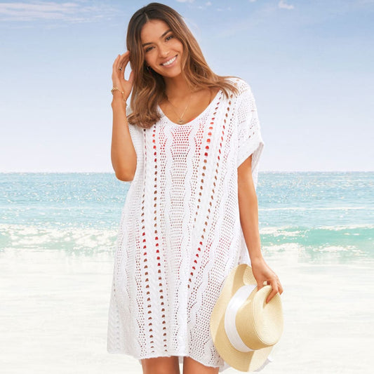 Oversized Crochet Open Knit Chic Mini Cover Up - White / One Size On sale