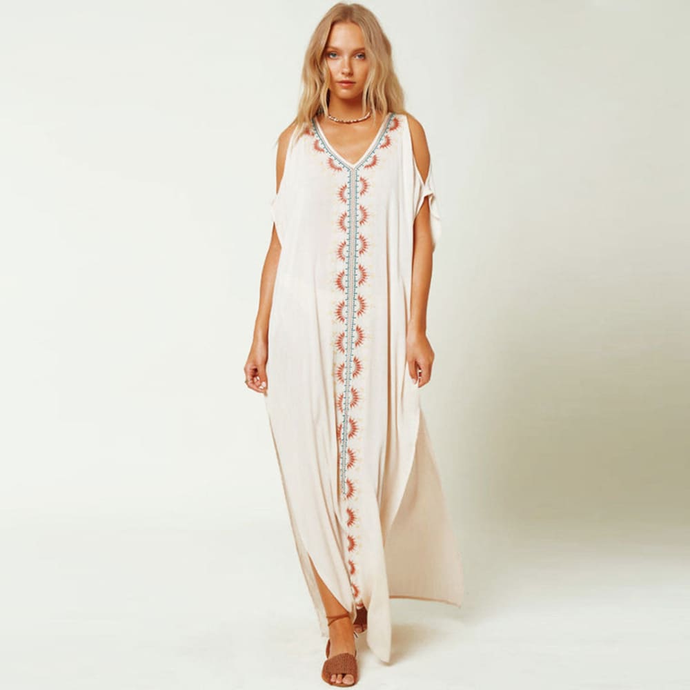 Oversized Embroidered High Slit Beach Maxi Cover Up - White / One Size On sale