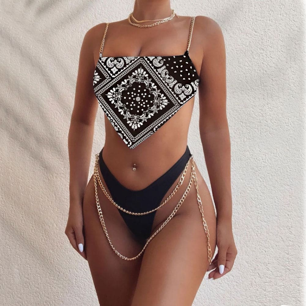 Paisley Pattern handkerchief Brazilian Bikini Swimsuit - Black / S On sale