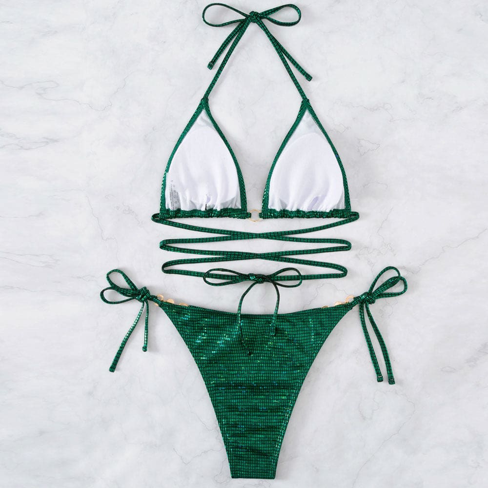 Plaid Metallic Trim Triangle Halter Bikini Swimsuit - On sale