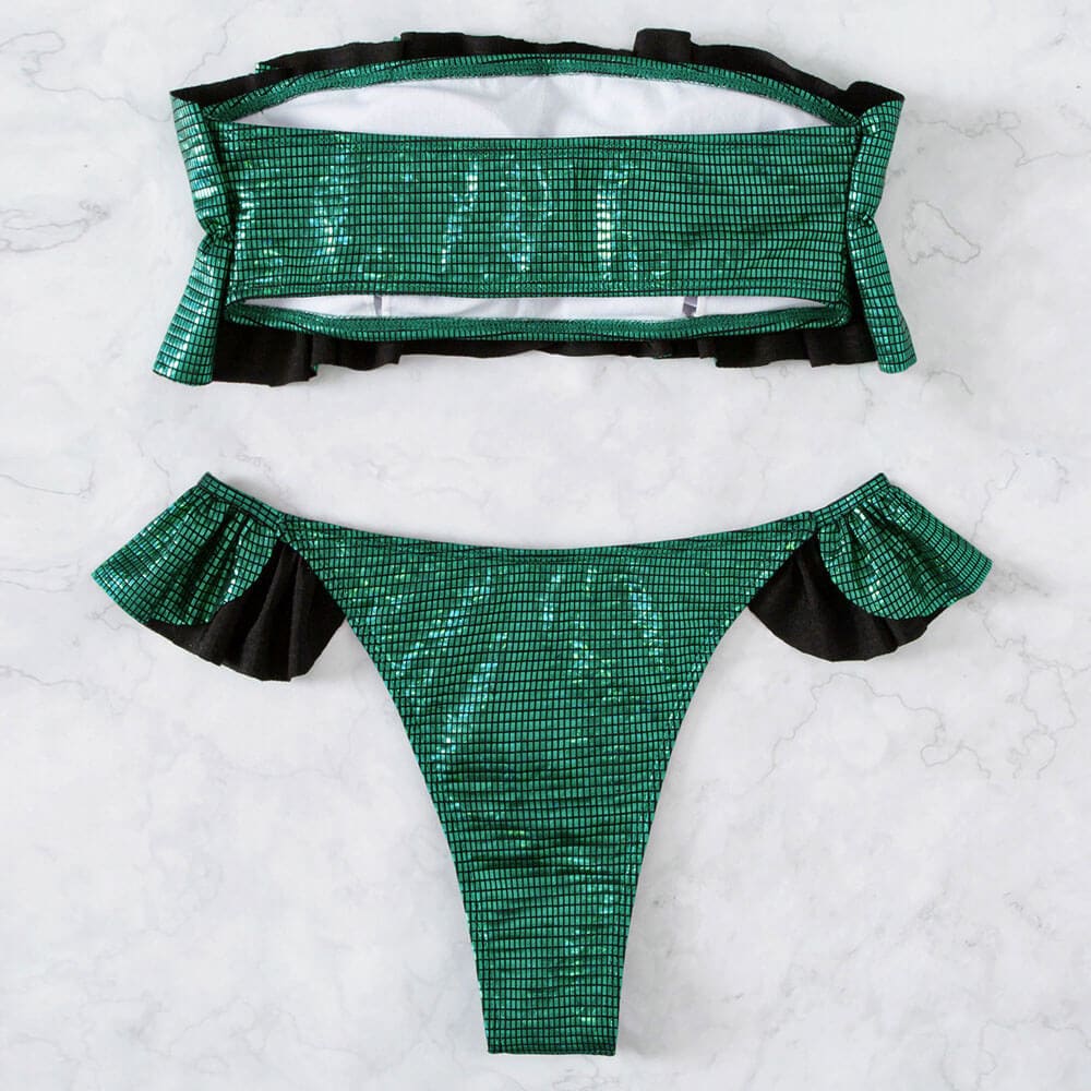 Plaid Ruched Ruffle Bandeau Bikini Swimsuit - On sale