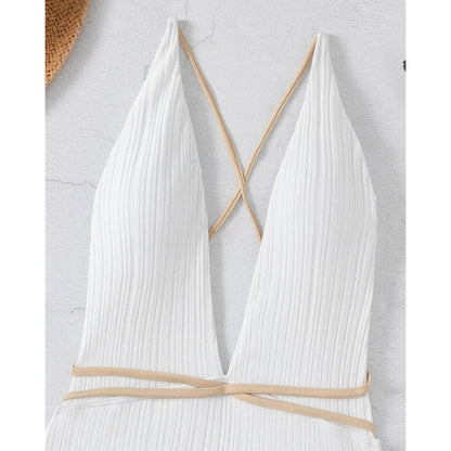 Plain Ribbed Plunging Brazilian One Piece Swimsuit - On sale