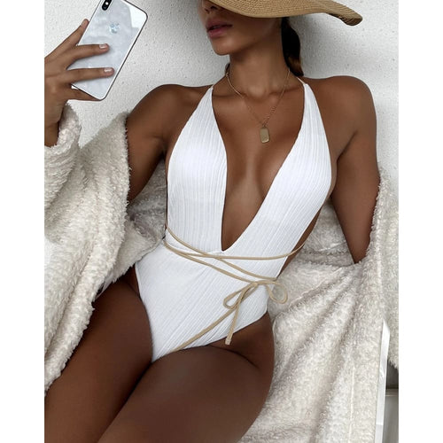 Plain Ribbed Plunging Brazilian One Piece Swimsuit - On sale