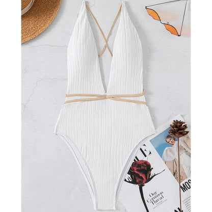 Plain Ribbed Plunging Brazilian One Piece Swimsuit - On sale