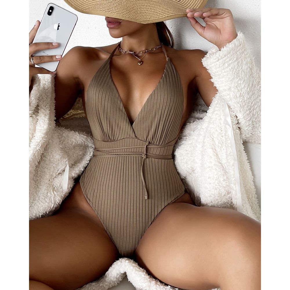Plain Ribbed Plunging Brazilian One Piece Swimsuit - color-3 / S On sale