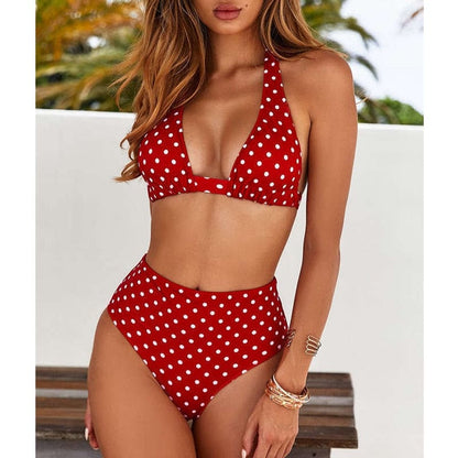 Polka Dot High Waisted Halter Bikini Swimsuits - 3 / S On sale
