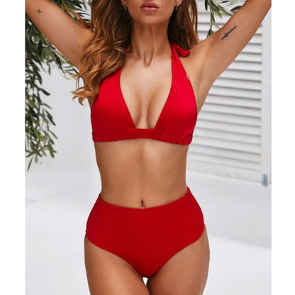 Polka Dot High Waisted Halter Bikini Swimsuits - Red / S On sale